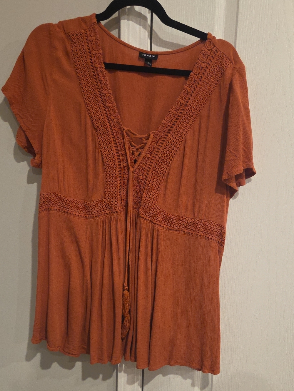 torrid Rust Crochet-Trim Lace-Up Short Sleeve Tunic